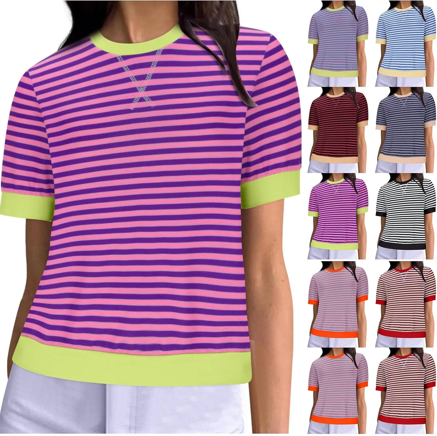 Women Oversized Striped Short Sleeve T-Shirts Color Block Crew Neck Loose Pullover Shirt Trendy Casual Summer Tee Tops