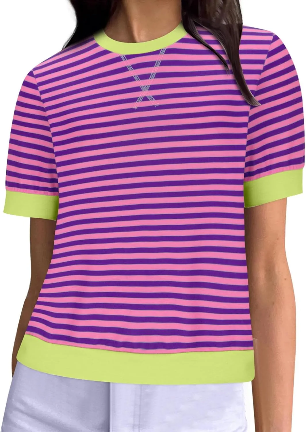 Women Oversized Striped Short Sleeve T-Shirts Color Block Crew Neck Loose Pullover Shirt Trendy Casual Summer Tee Tops