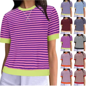 Women Oversized Striped Short Sleeve T-Shirts Color Block Crew Neck Loose Pullover Shirt Trendy Casual Summer Tee Tops