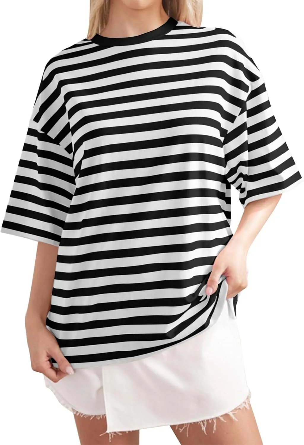 Women Oversized Striped T Shirts Color Block Crew Neck Basic Shirt Casual Tops Y2K Loose Pullover Short Sleeve Tee Tops