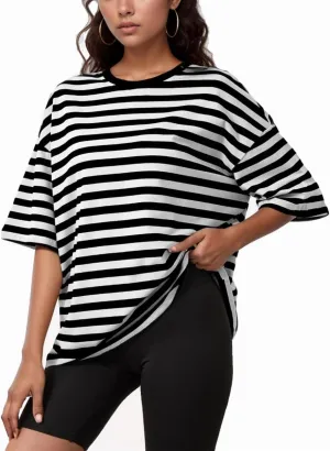 Women Oversized Striped T Shirts Color Block Crew Neck Basic Shirt Casual Tops Y2K Loose Pullover Short Sleeve Tee Tops