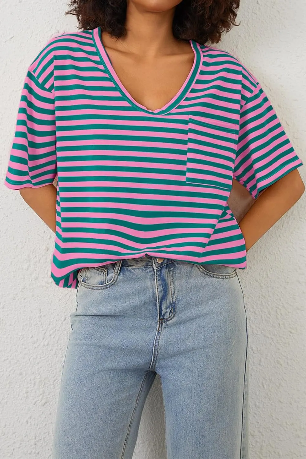 Women Oversized T Shirt Striped Short Sleeve Deep V Neck Tee Shirt Casual Loose Drop Shoulder Summer Going Out Top