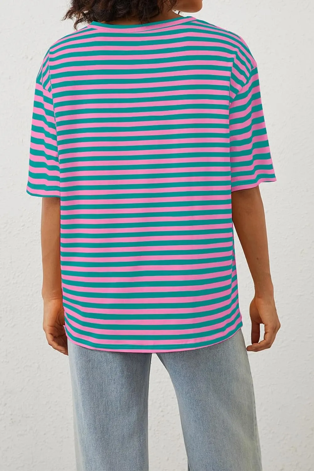 Women Oversized T Shirt Striped Short Sleeve Deep V Neck Tee Shirt Casual Loose Drop Shoulder Summer Going Out Top