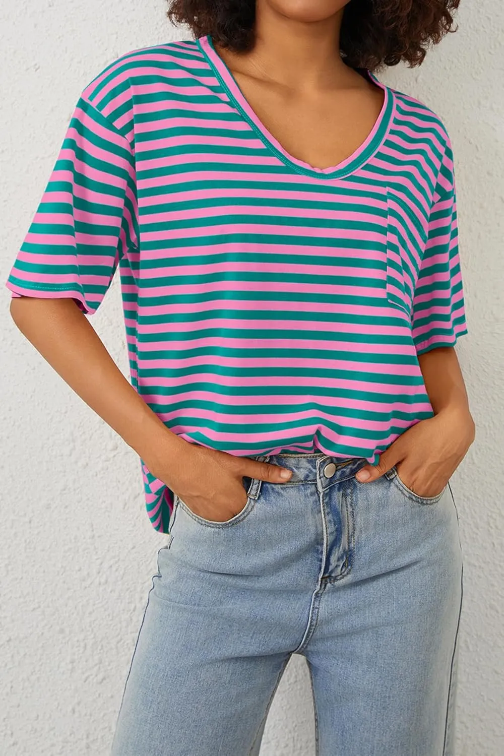 Women Oversized T Shirt Striped Short Sleeve Deep V Neck Tee Shirt Casual Loose Drop Shoulder Summer Going Out Top