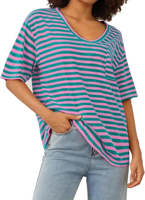 Women Oversized T Shirt Striped Short Sleeve Deep V Neck Tee Shirt Casual Loose Drop Shoulder Summer Going Out Top