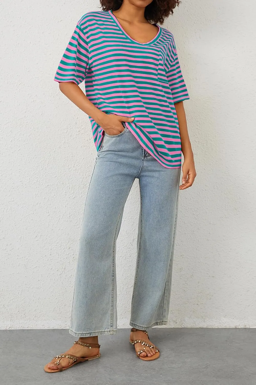 Women Oversized T Shirt Striped Short Sleeve Deep V Neck Tee Shirt Casual Loose Drop Shoulder Summer Going Out Top