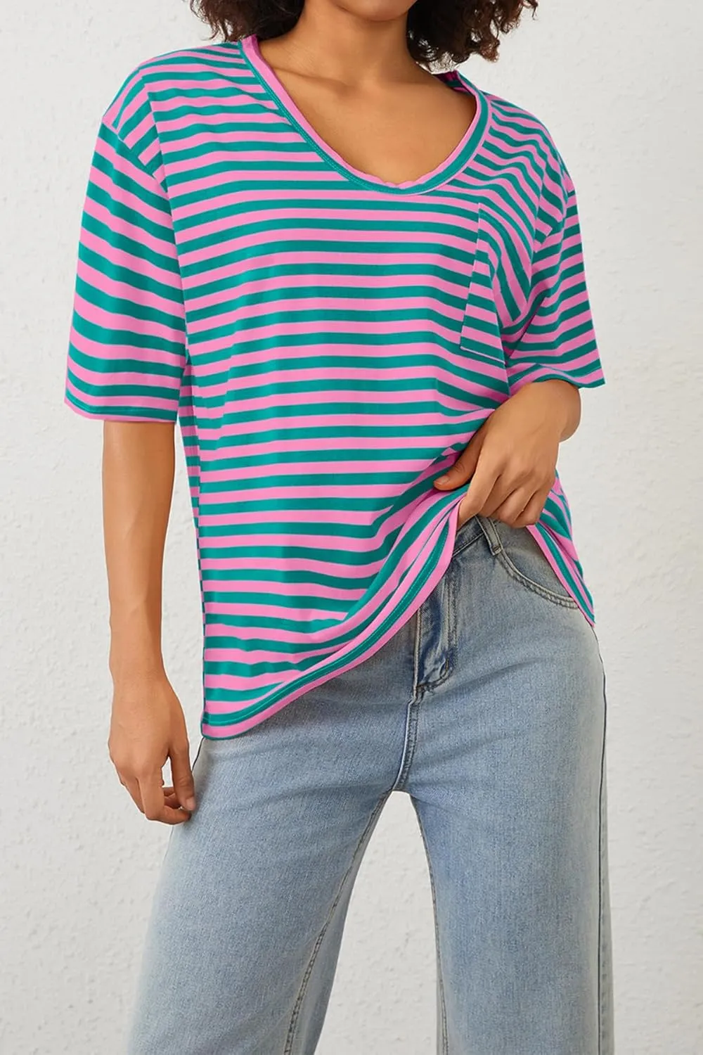 Women Oversized T Shirt Striped Short Sleeve Deep V Neck Tee Shirt Casual Loose Drop Shoulder Summer Going Out Top