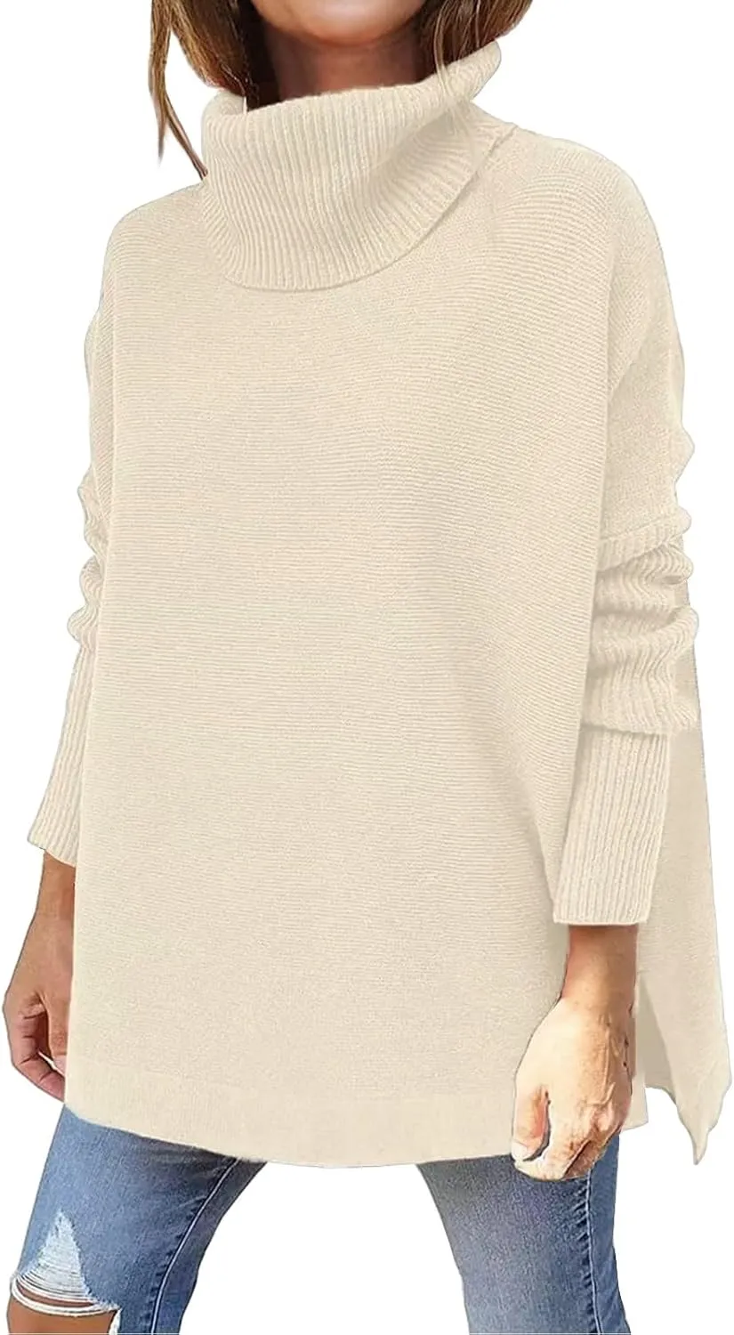 Women Oversized Turtleneck Long Batwing Sleeve Pullover Ribbed Knit Tunic Sweater Outfits 2024 Fall Trendy Clothes