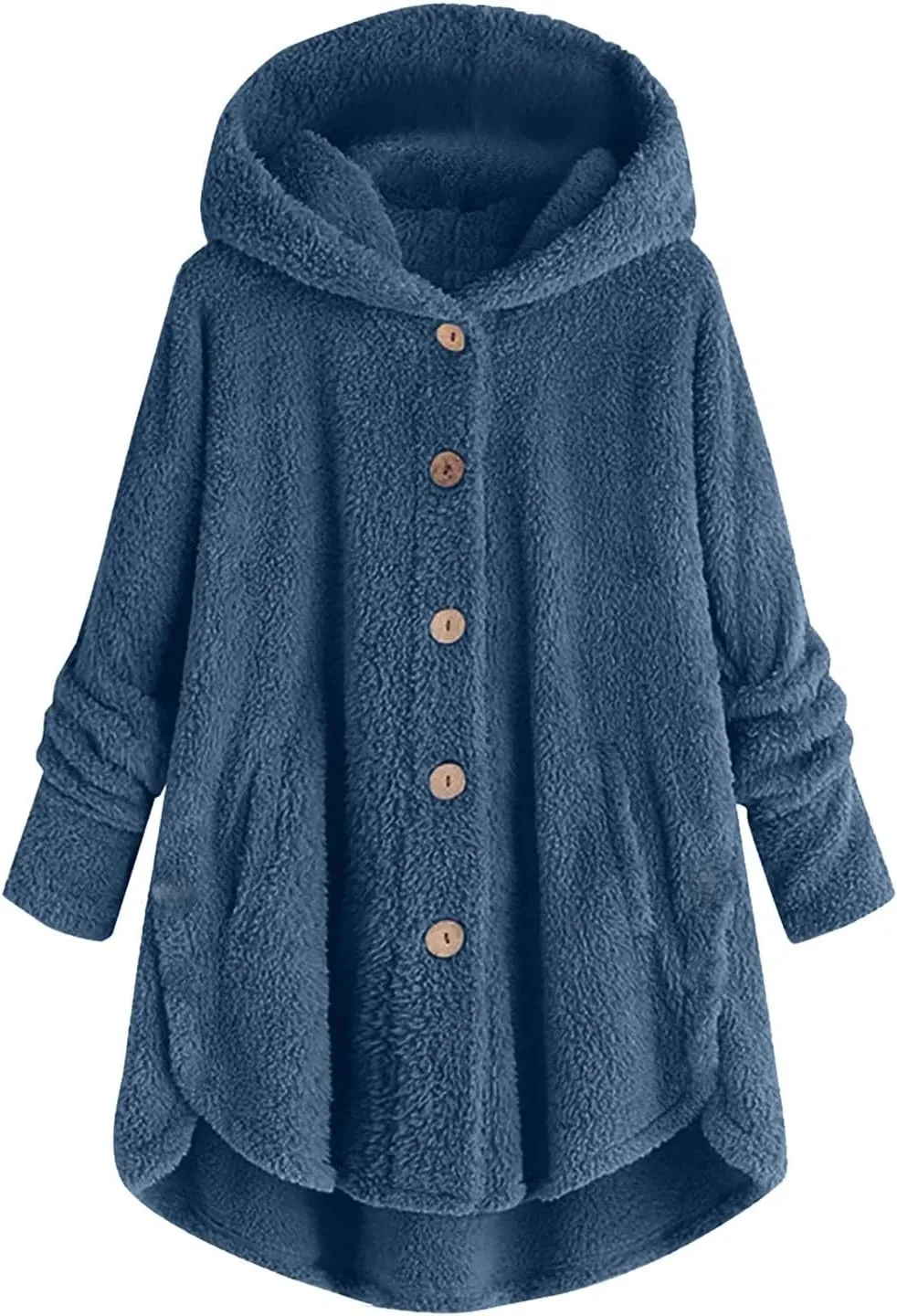 Women Plus Size Plush Coats Button Tops Hooded Loose Cardigan Wool Winter Jacket Warm Solid Color Sweater Coat