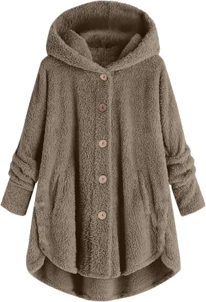 Women Plus Size Plush Coats Button Tops Hooded Loose Cardigan Wool Winter Jacket Warm Solid Color Sweater Coat
