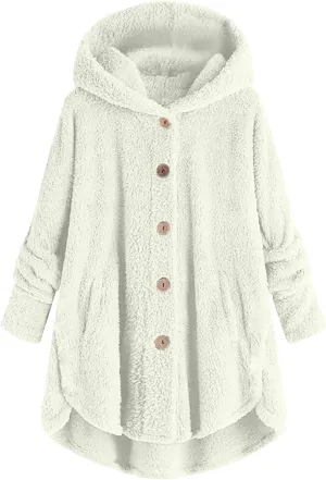Women Plus Size Plush Coats Button Tops Hooded Loose Cardigan Wool Winter Jacket Warm Solid Color Sweater Coat