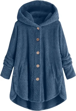 Women Plus Size Plush Coats Button Tops Hooded Loose Cardigan Wool Winter Jacket Warm Solid Color Sweater Coat