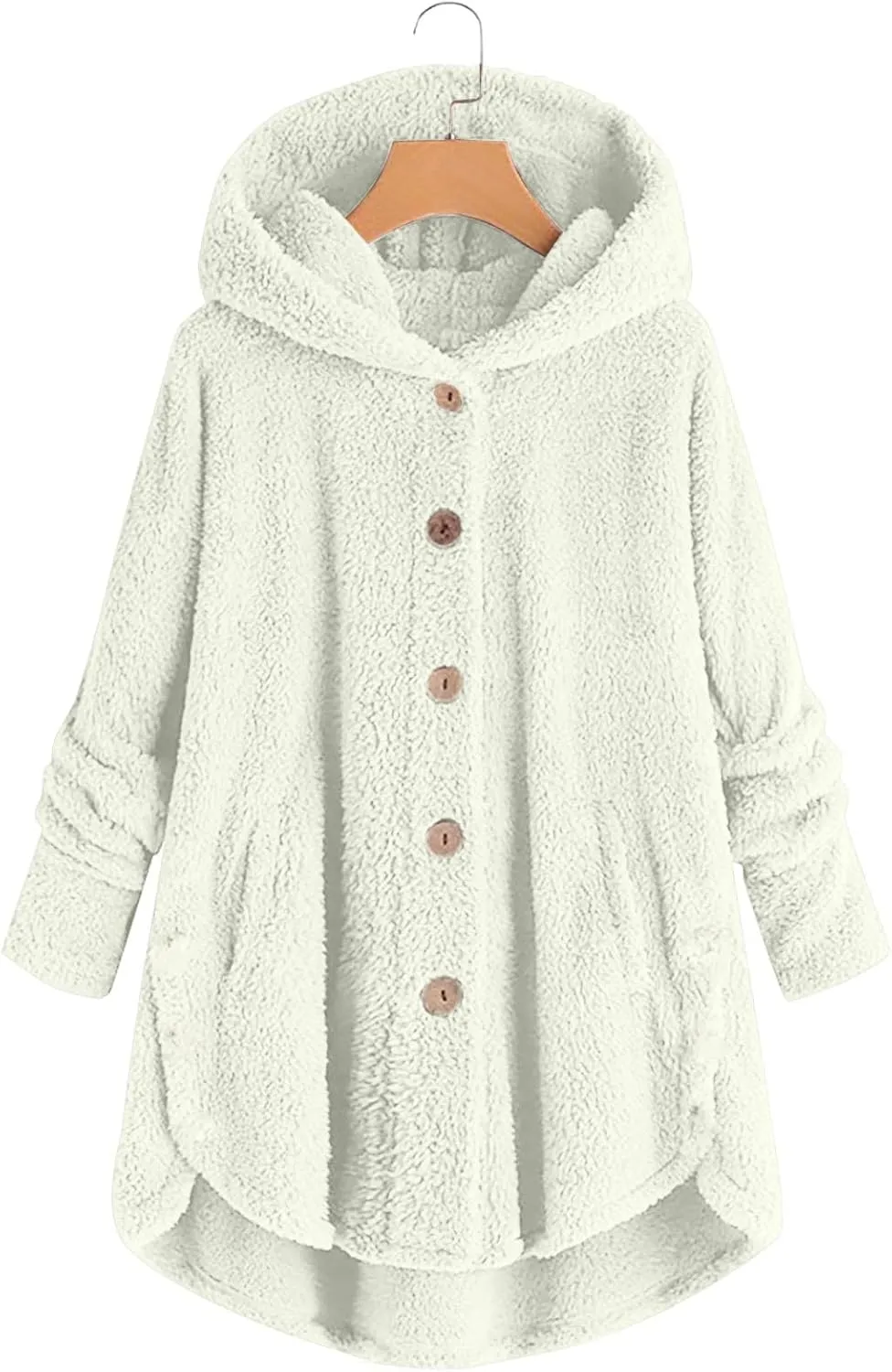 Women Plus Size Plush Coats Button Tops Hooded Loose Cardigan Wool Winter Jacket Warm Solid Color Sweater Coat
