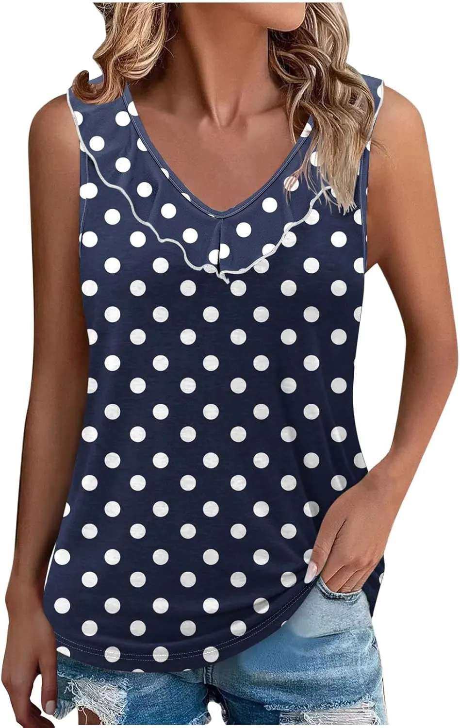 Women Polka Dot Summer Tank Tops, Sleeveless Ruffle Trim V-Neck Casual Vacation Shirts Soft Comfy Loose Daily Clothes
