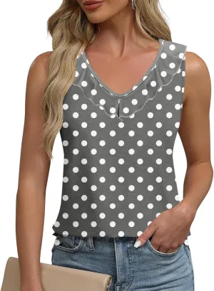 Women Polka Dot Summer Tank Tops, Sleeveless Ruffle Trim V-Neck Casual Vacation Shirts Soft Comfy Loose Daily Clothes