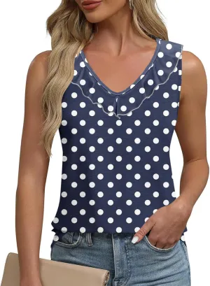 Women Polka Dot Summer Tank Tops, Sleeveless Ruffle Trim V-Neck Casual Vacation Shirts Soft Comfy Loose Daily Clothes