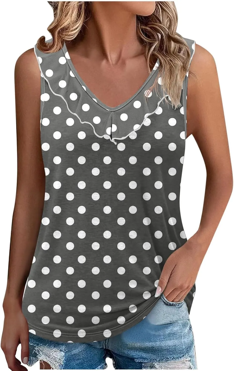 Women Polka Dot Summer Tank Tops, Sleeveless Ruffle Trim V-Neck Casual Vacation Shirts Soft Comfy Loose Daily Clothes