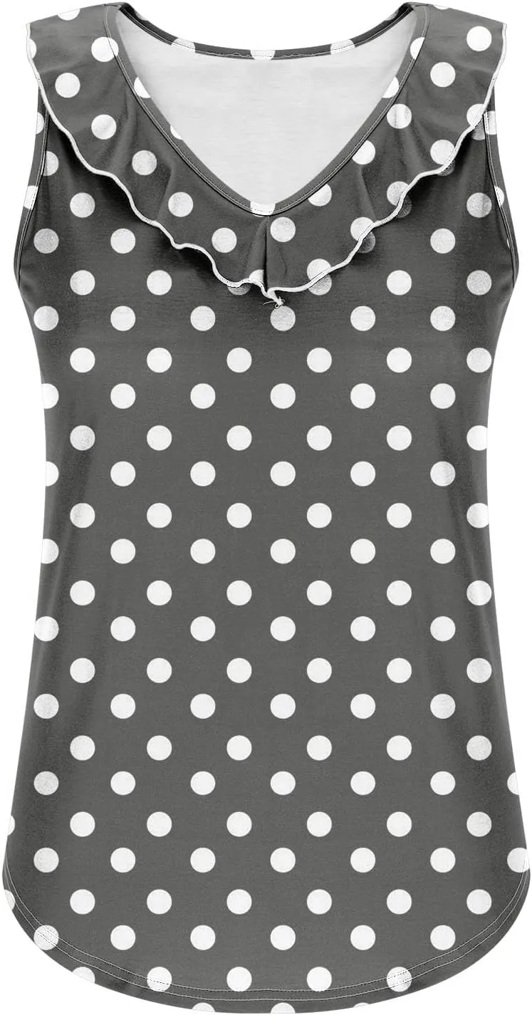 Women Polka Dot Summer Tank Tops, Sleeveless Ruffle Trim V-Neck Casual Vacation Shirts Soft Comfy Loose Daily Clothes