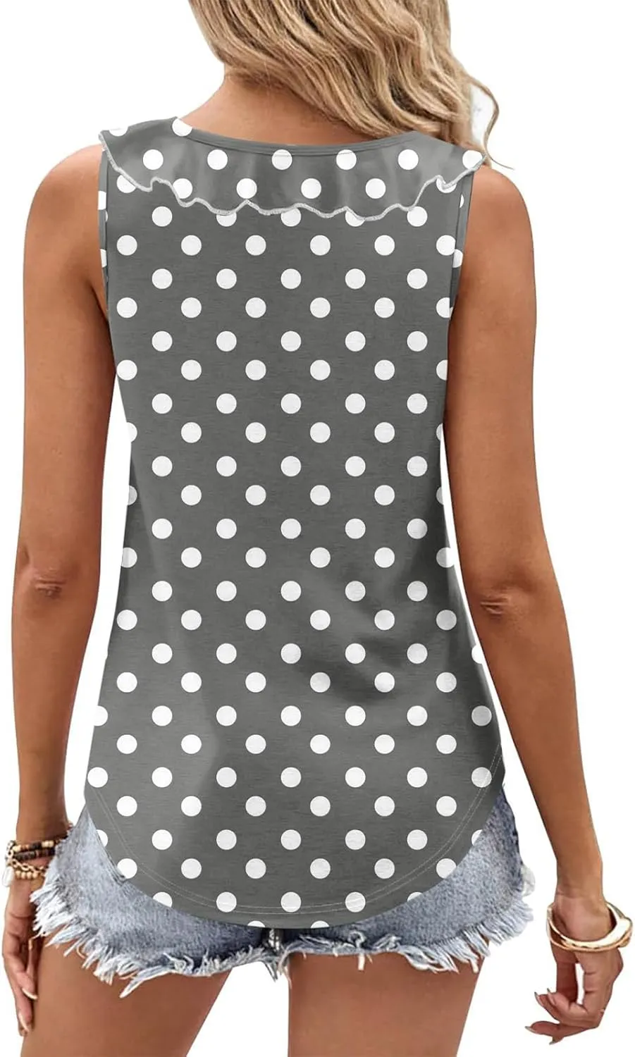 Women Polka Dot Summer Tank Tops, Sleeveless Ruffle Trim V-Neck Casual Vacation Shirts Soft Comfy Loose Daily Clothes
