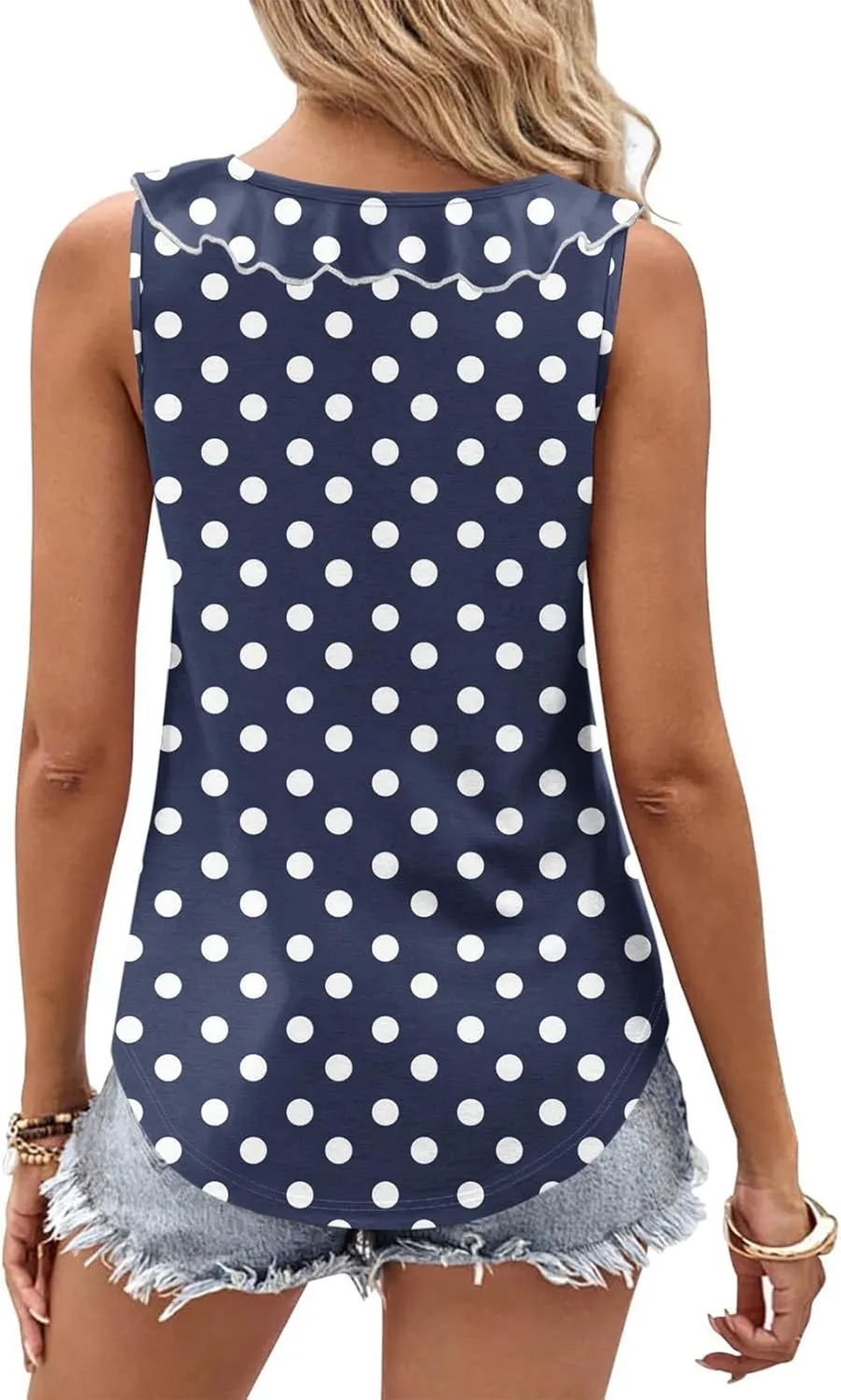 Women Polka Dot Summer Tank Tops, Sleeveless Ruffle Trim V-Neck Casual Vacation Shirts Soft Comfy Loose Daily Clothes