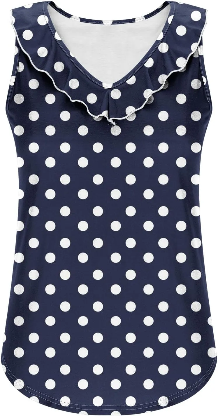 Women Polka Dot Summer Tank Tops, Sleeveless Ruffle Trim V-Neck Casual Vacation Shirts Soft Comfy Loose Daily Clothes
