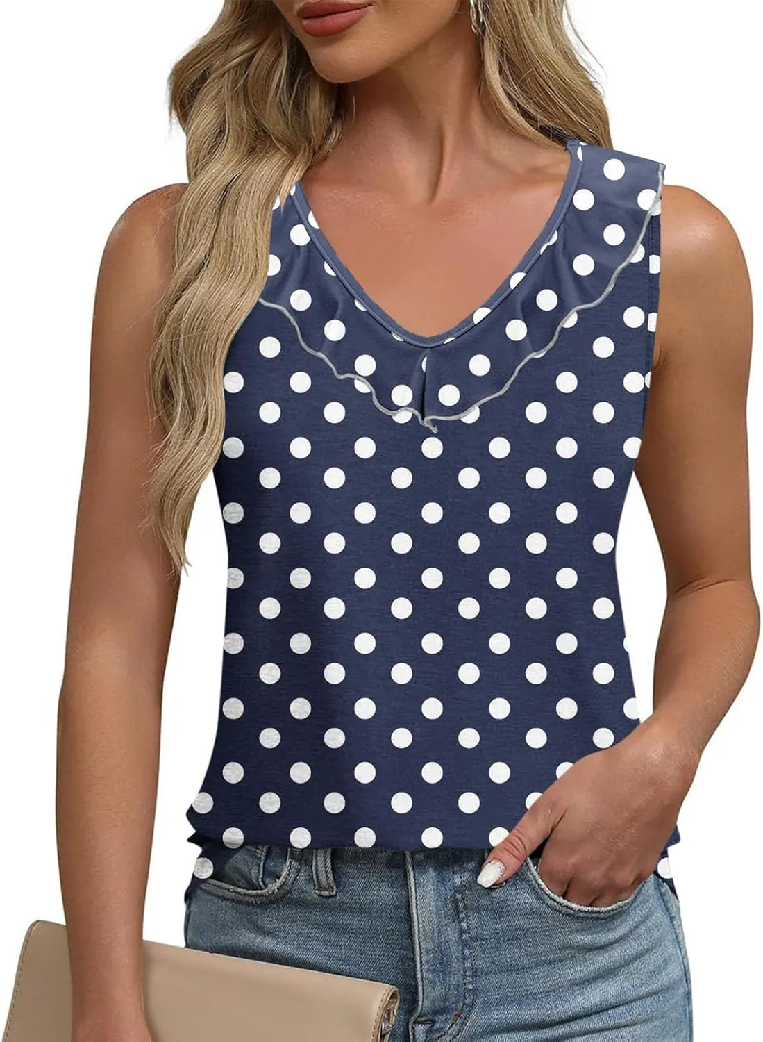 Women Polka Dot Summer Tank Tops, Sleeveless Ruffle Trim V-Neck Casual Vacation Shirts Soft Comfy Loose Daily Clothes