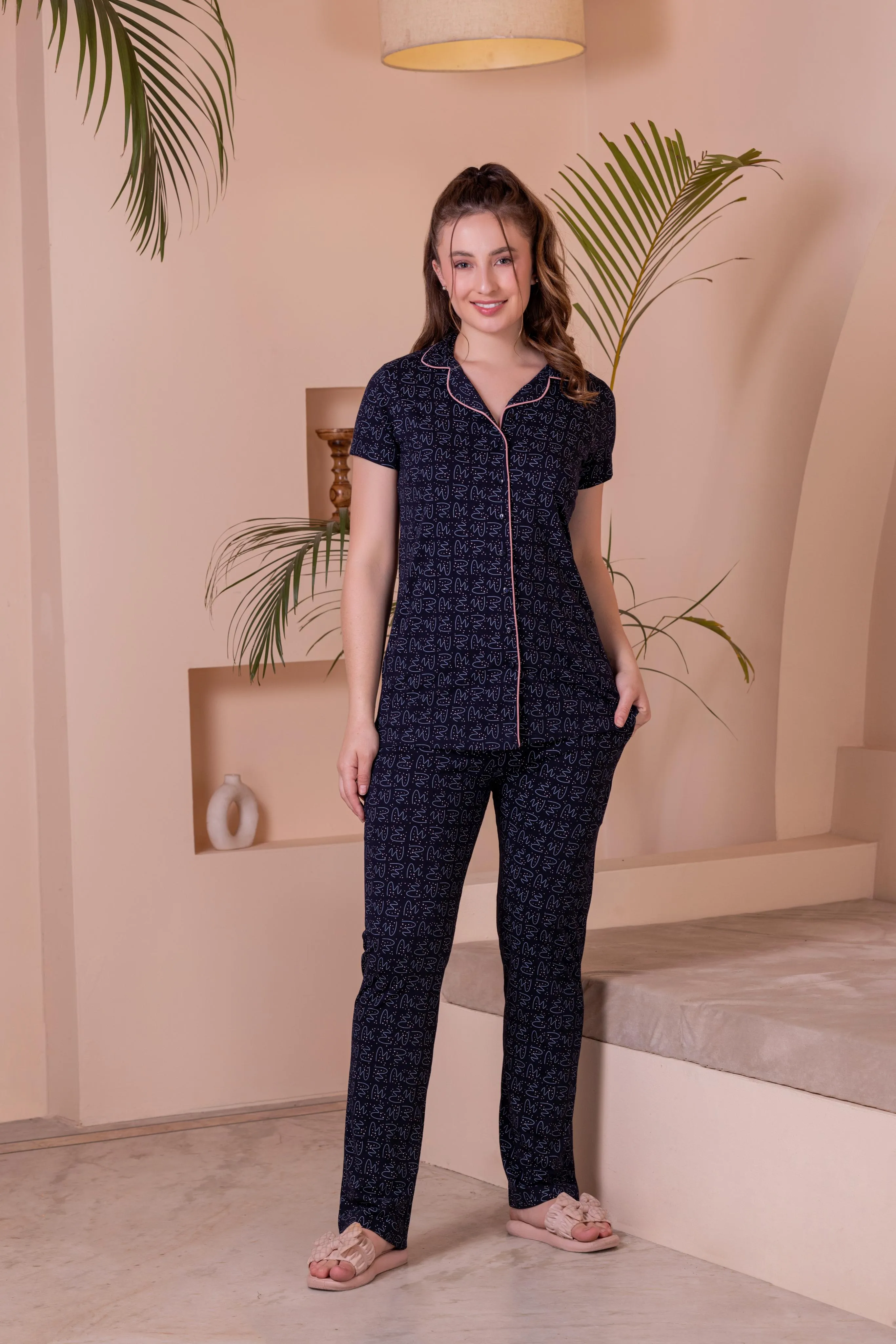 Women Printed Cotton Night Suit with Lapel Collar