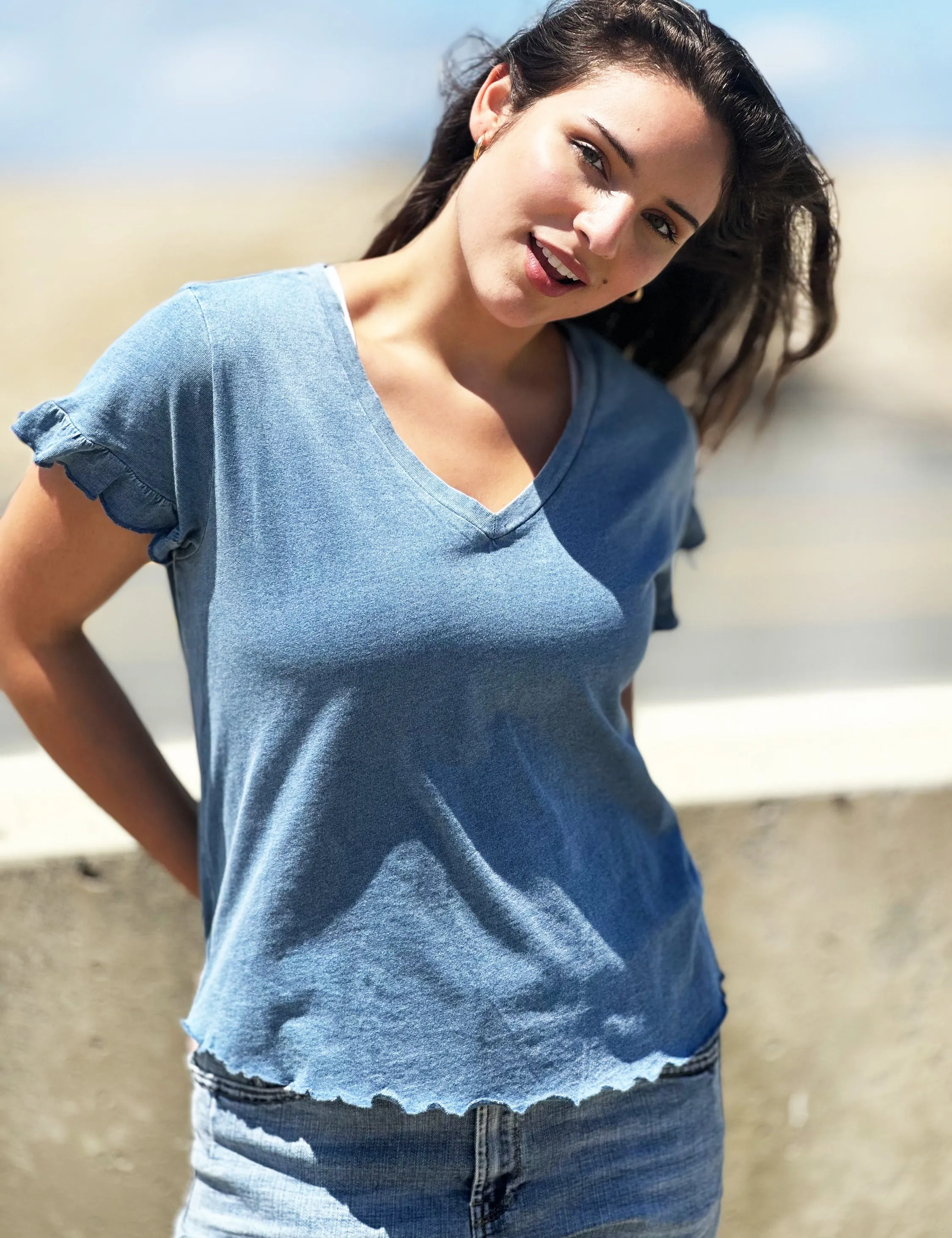 Women Ruffle V-Neck Tee