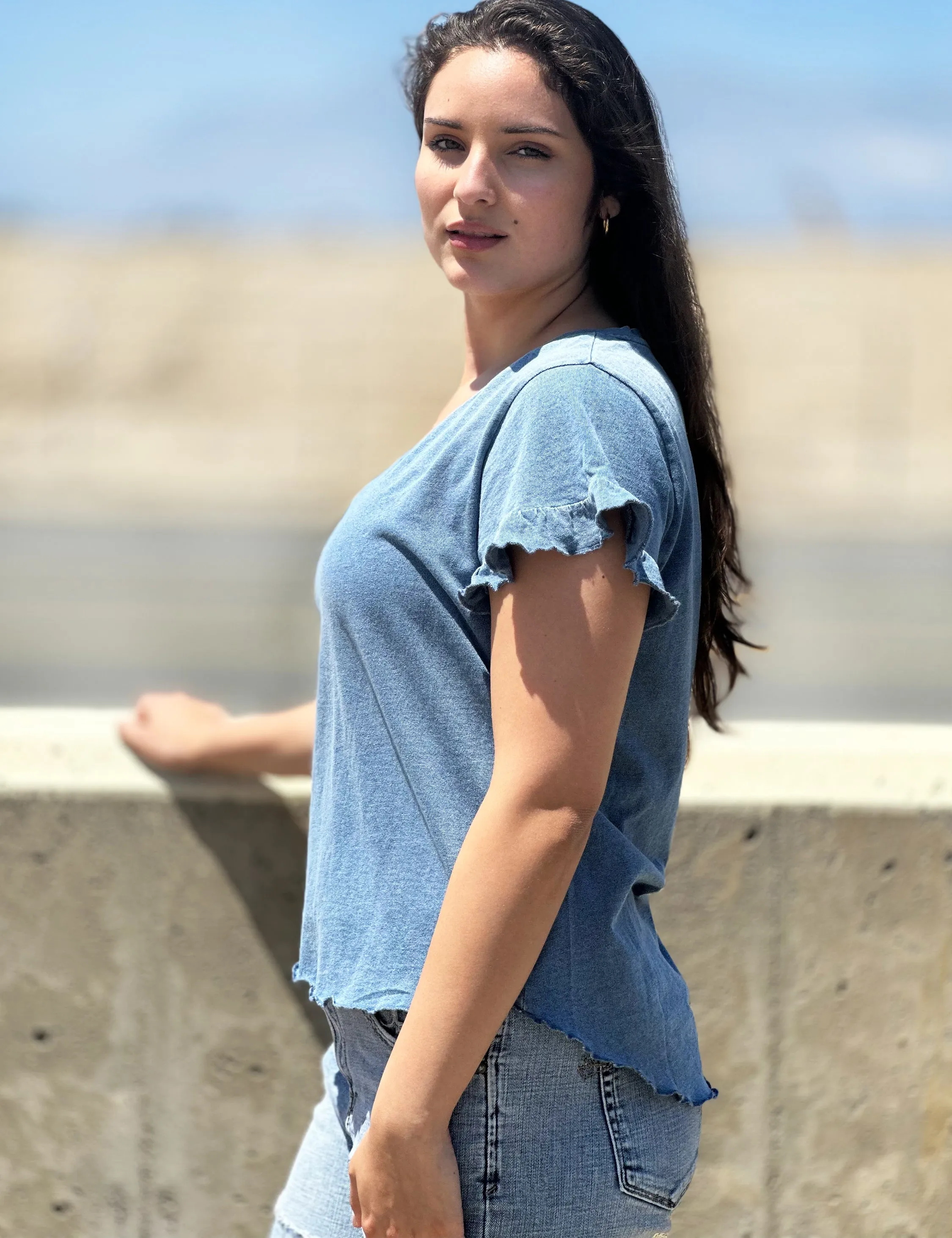 Women Ruffle V-Neck Tee