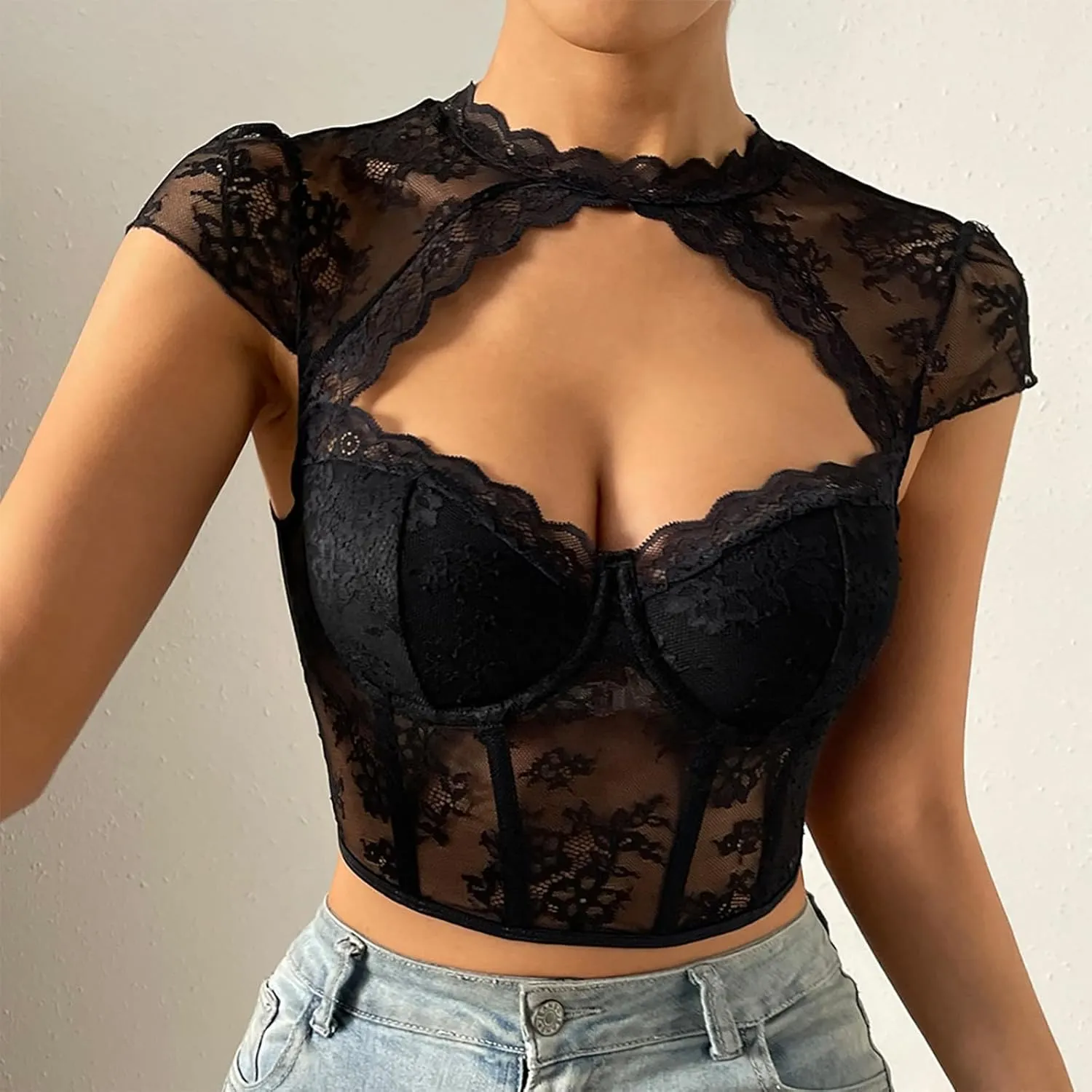 Women Sexy Lace Bra Tops Bralette Lingerie One Piece Babydoll Bodysuit Lace Sleeveless Skin-Tight Garment Lingerie Tops