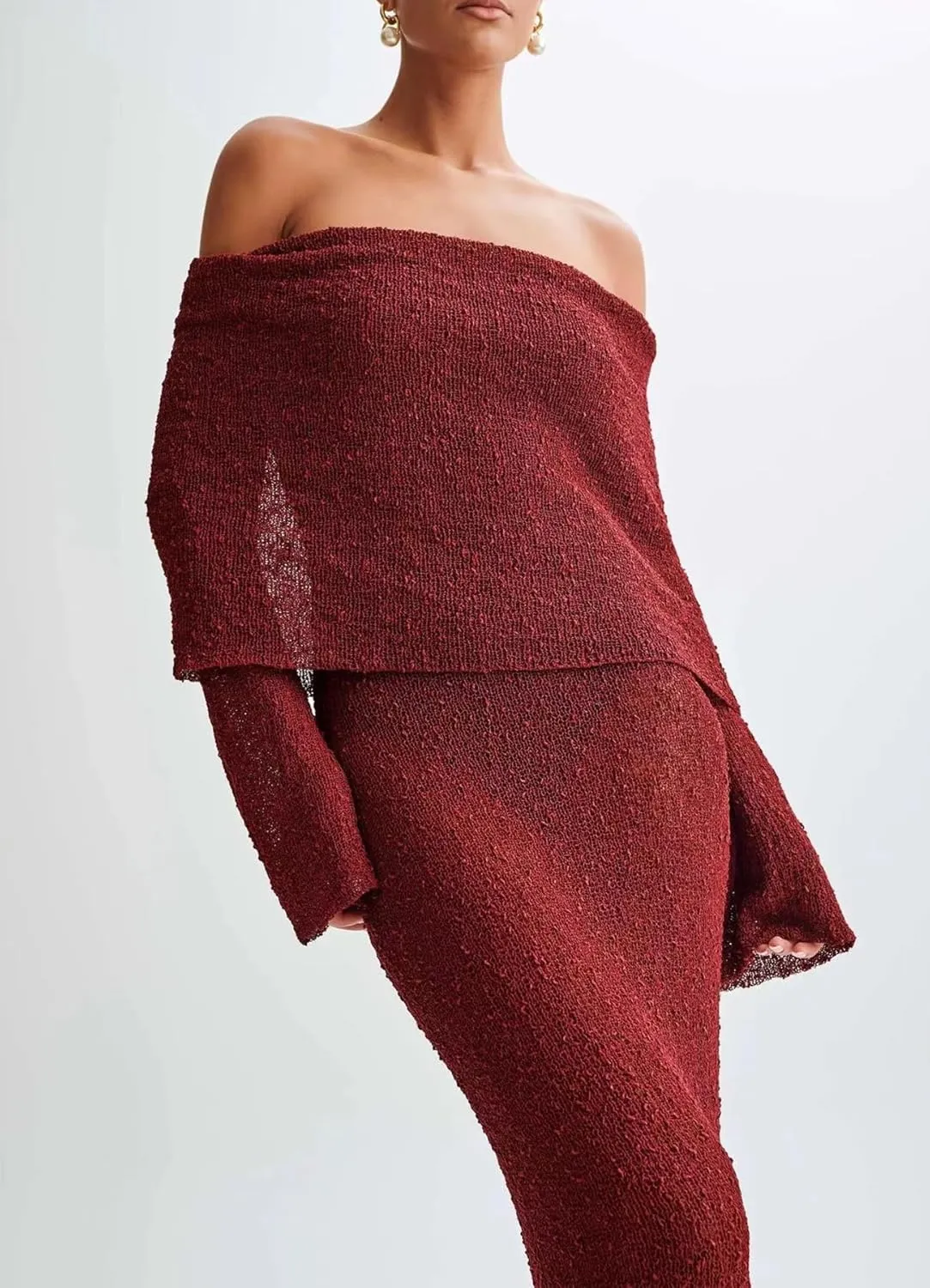 Women Sexy Off Shoulder Maxi Dress Long Sleeve Knit Crochet Bodycon Ruched Mesh Beach Vacation Party Sweater Dresses
