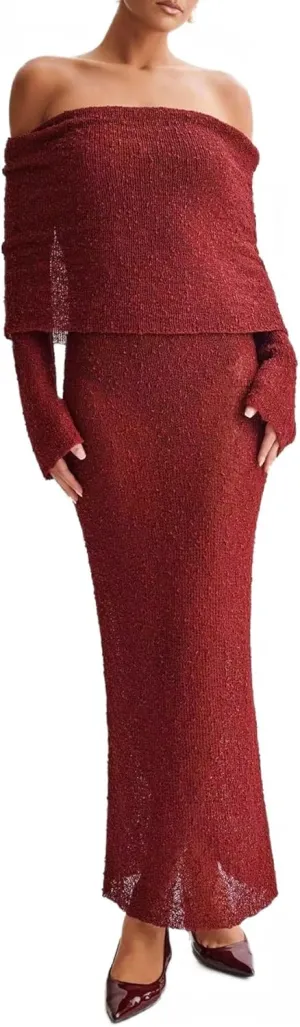 Women Sexy Off Shoulder Maxi Dress Long Sleeve Knit Crochet Bodycon Ruched Mesh Beach Vacation Party Sweater Dresses