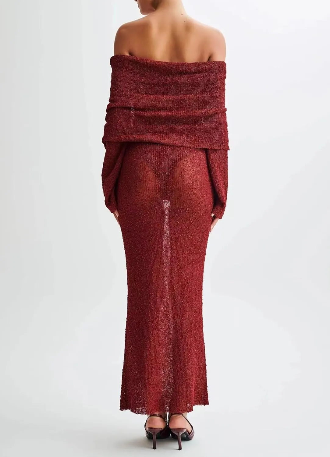 Women Sexy Off Shoulder Maxi Dress Long Sleeve Knit Crochet Bodycon Ruched Mesh Beach Vacation Party Sweater Dresses