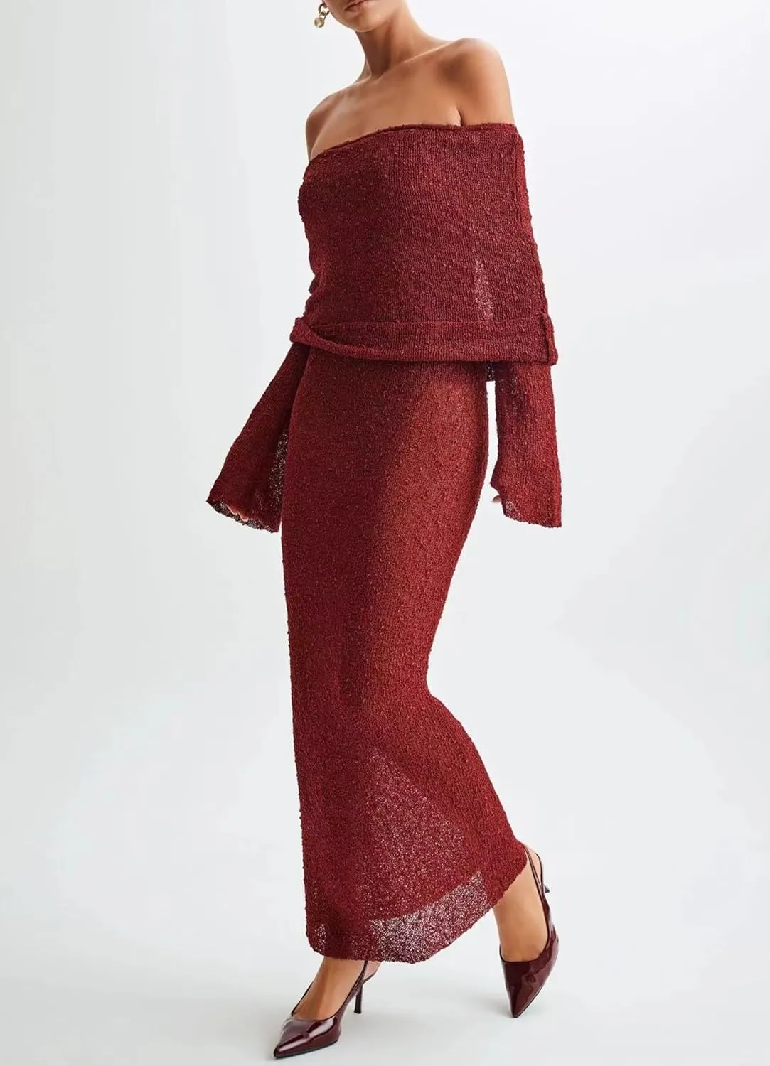 Women Sexy Off Shoulder Maxi Dress Long Sleeve Knit Crochet Bodycon Ruched Mesh Beach Vacation Party Sweater Dresses