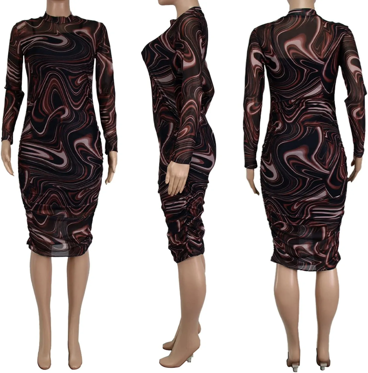 Women Sexy Two Piece Long Sleeve Printed Sheer Mesh Midi Dress See Through Bodycon Clubwear Night Dress