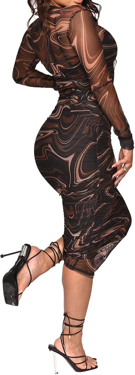Women Sexy Two Piece Long Sleeve Printed Sheer Mesh Midi Dress See Through Bodycon Clubwear Night Dress