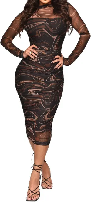 Women Sexy Two Piece Long Sleeve Printed Sheer Mesh Midi Dress See Through Bodycon Clubwear Night Dress
