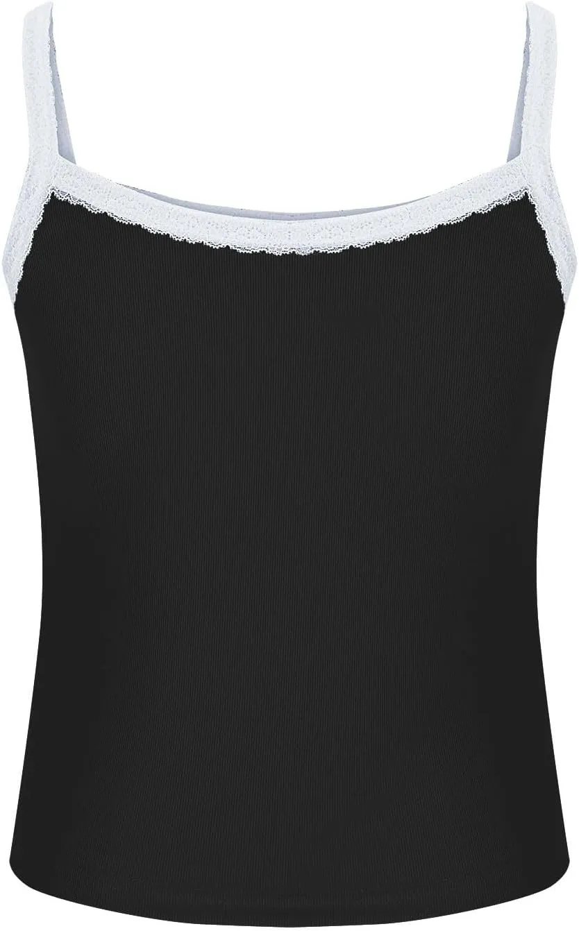 Women Strappy Square Neck Crop Tank Tops, Summer Sleeveless Slim Fit Lace Trim Trendy Clothes Going Out Casual Shirts