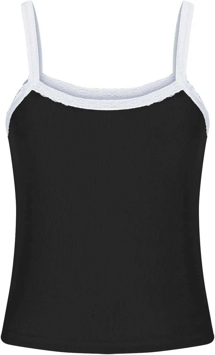 Women Strappy Square Neck Crop Tank Tops, Summer Sleeveless Slim Fit Lace Trim Trendy Clothes Going Out Casual Shirts