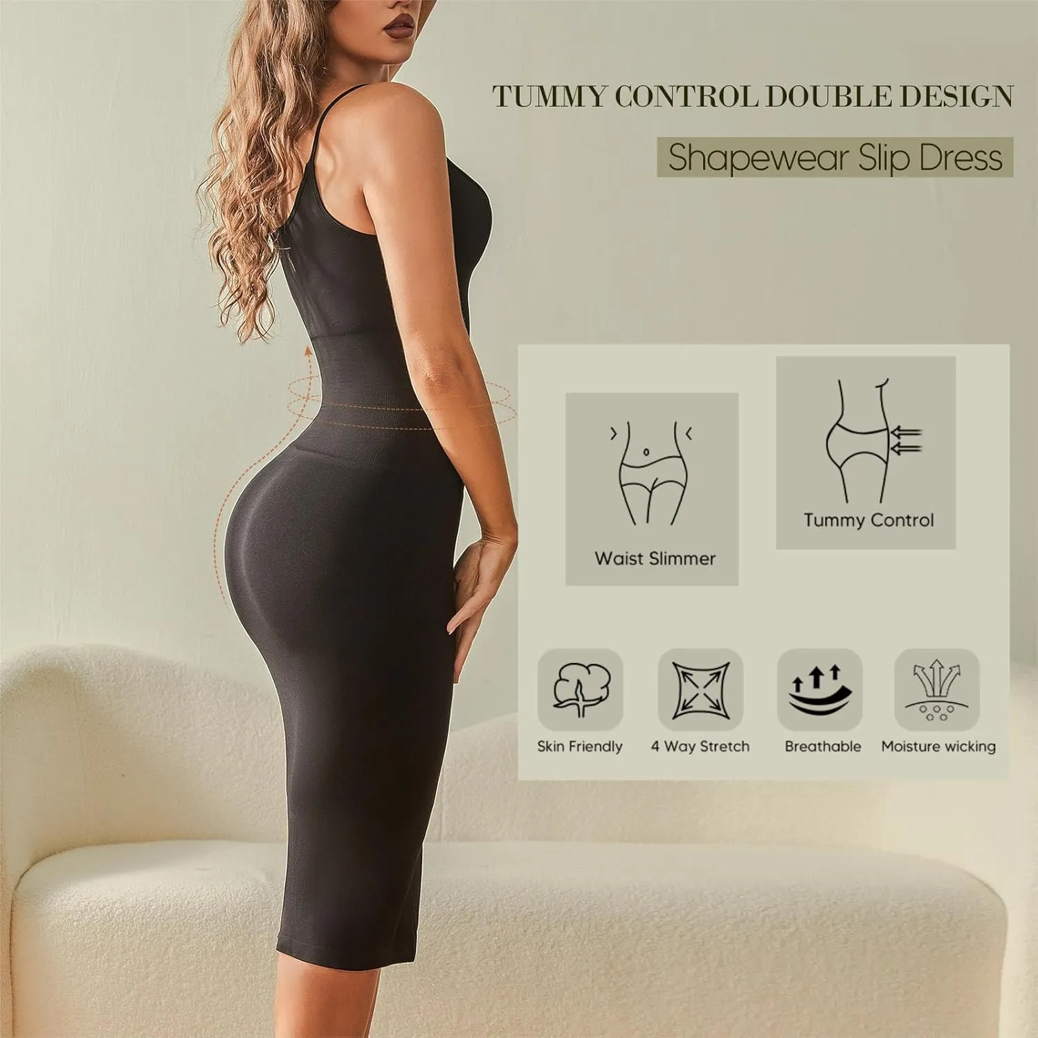 Women Summer Bodycon Dress for Women Sleeveless Casual Party Tummy Control Shapewear Slip Dress Midi Body Shaper