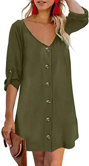 Women Summer Button Down V Neck Dress Casual 3/4 Bell Sleeve Mini Dress Loose Tunic Vintage Flowy Swing Shift Dresses