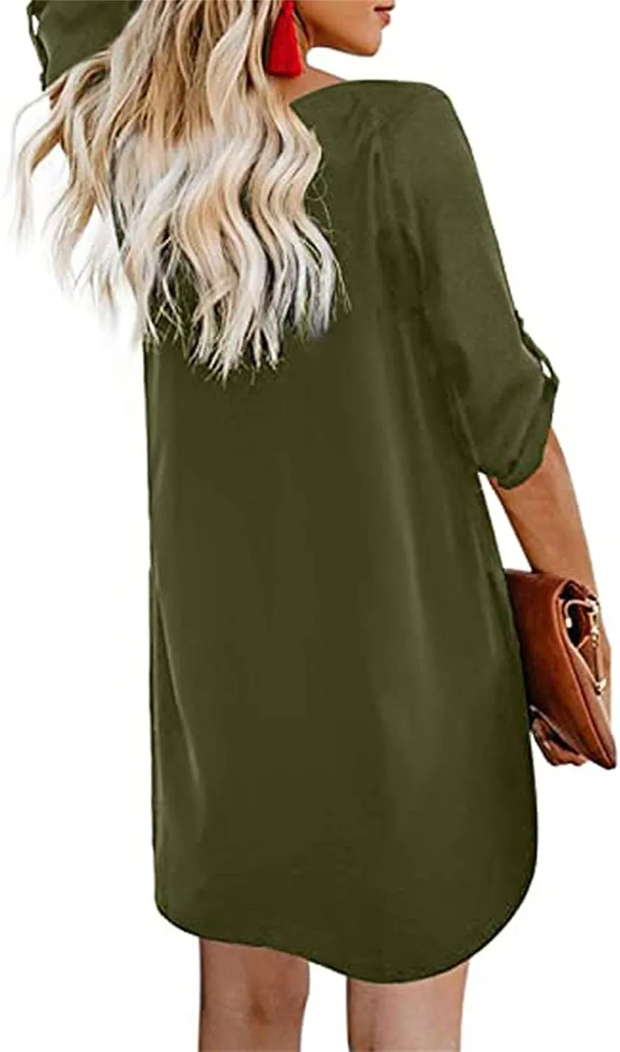 Women Summer Button Down V Neck Dress Casual 3/4 Bell Sleeve Mini Dress Loose Tunic Vintage Flowy Swing Shift Dresses