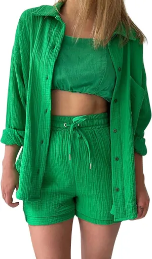 Women Summer Cotton Linen Short Sets 2 Piece Shorts Top Beach Vacation Two Piece Outfits Tracksuits Two Piece