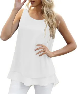 Women Summer Sleeveless Chiffon Shirts, Solid Color Loose Breathable Casual Tank Tops Fashion Ruffle Ruched Hem Clothes