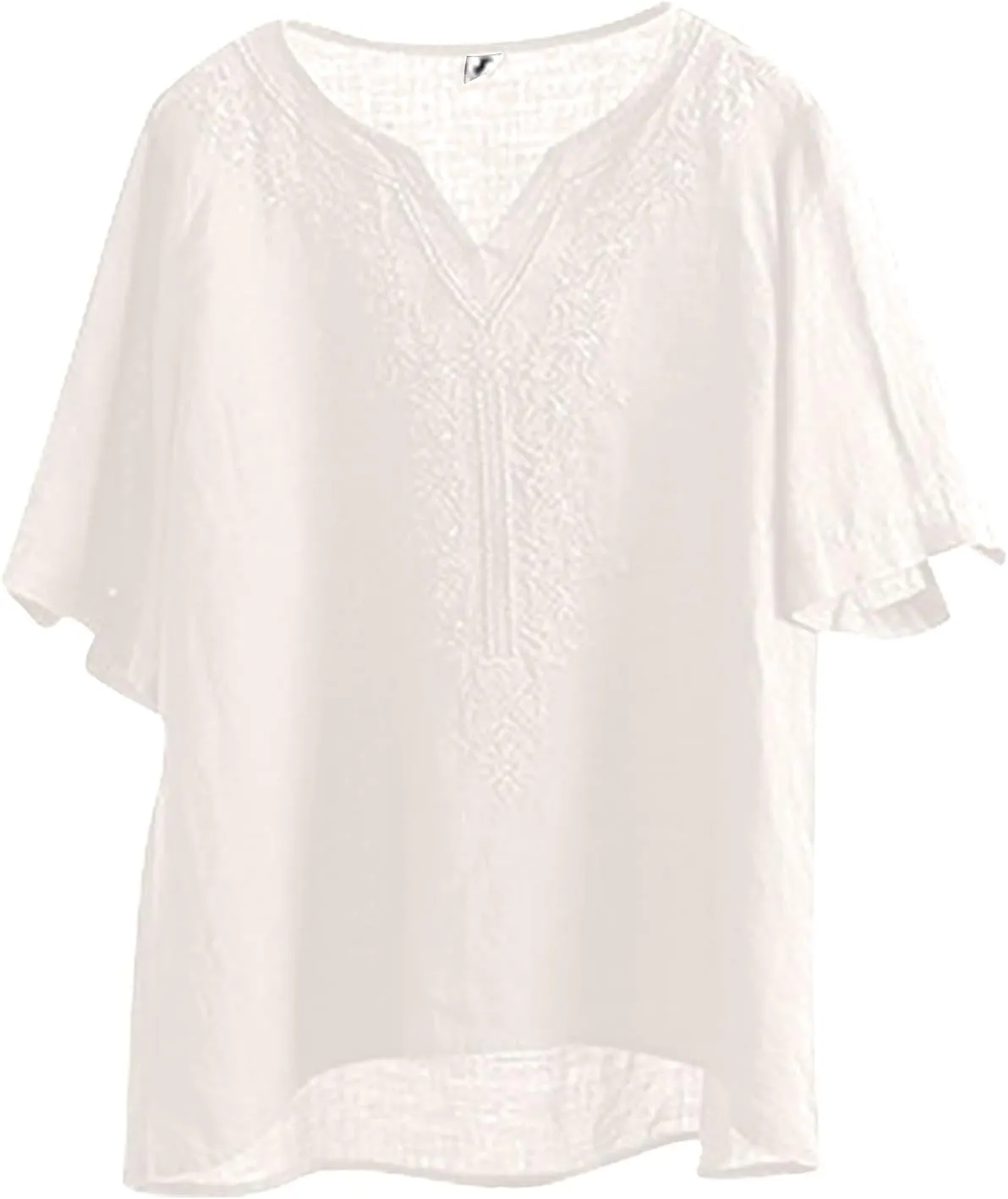 Women Summer Thin Shirt Floral Embroidery Linen Shirts 3/4 Sleeve Scoop Neck Bohemian Top Blouse Quick Dry Breathable