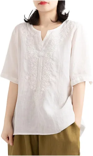 Women Summer Thin Shirt Floral Embroidery Linen Shirts 3/4 Sleeve Scoop Neck Bohemian Top Blouse Quick Dry Breathable