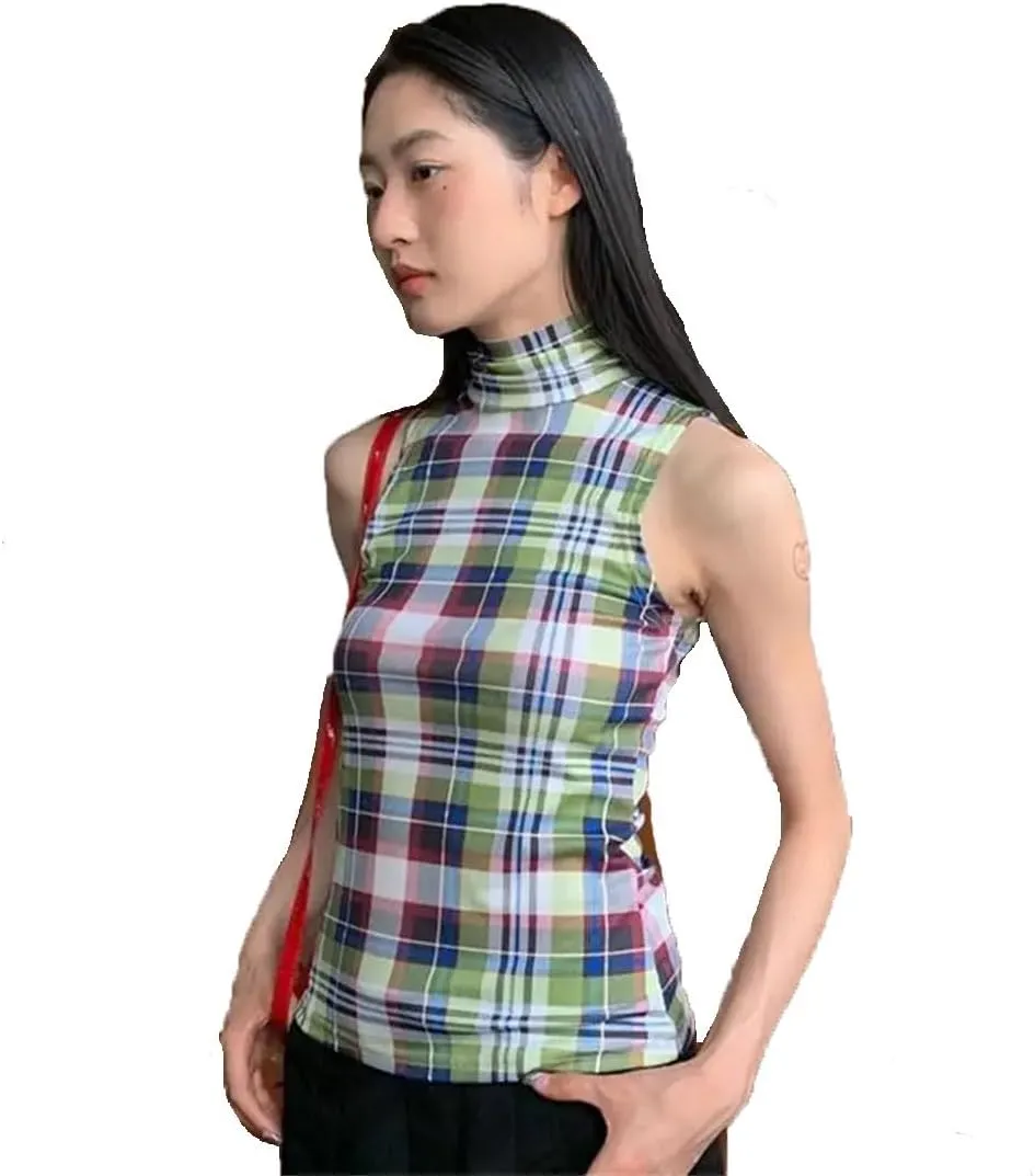 Women Vintage Tank Tops Plaid Sleeveless Crop Y2k Retro Tank Japanese Tee Tops