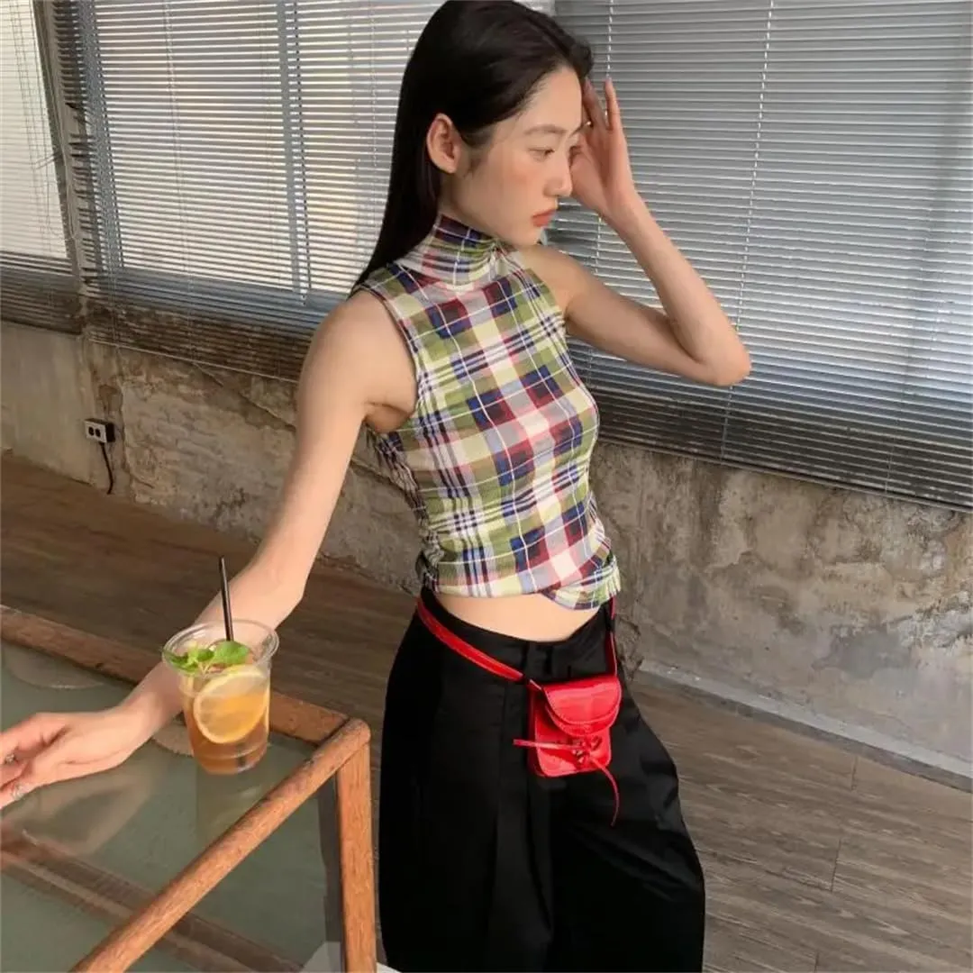 Women Vintage Tank Tops Plaid Sleeveless Crop Y2k Retro Tank Japanese Tee Tops