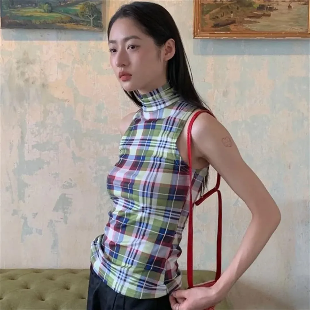 Women Vintage Tank Tops Plaid Sleeveless Crop Y2k Retro Tank Japanese Tee Tops