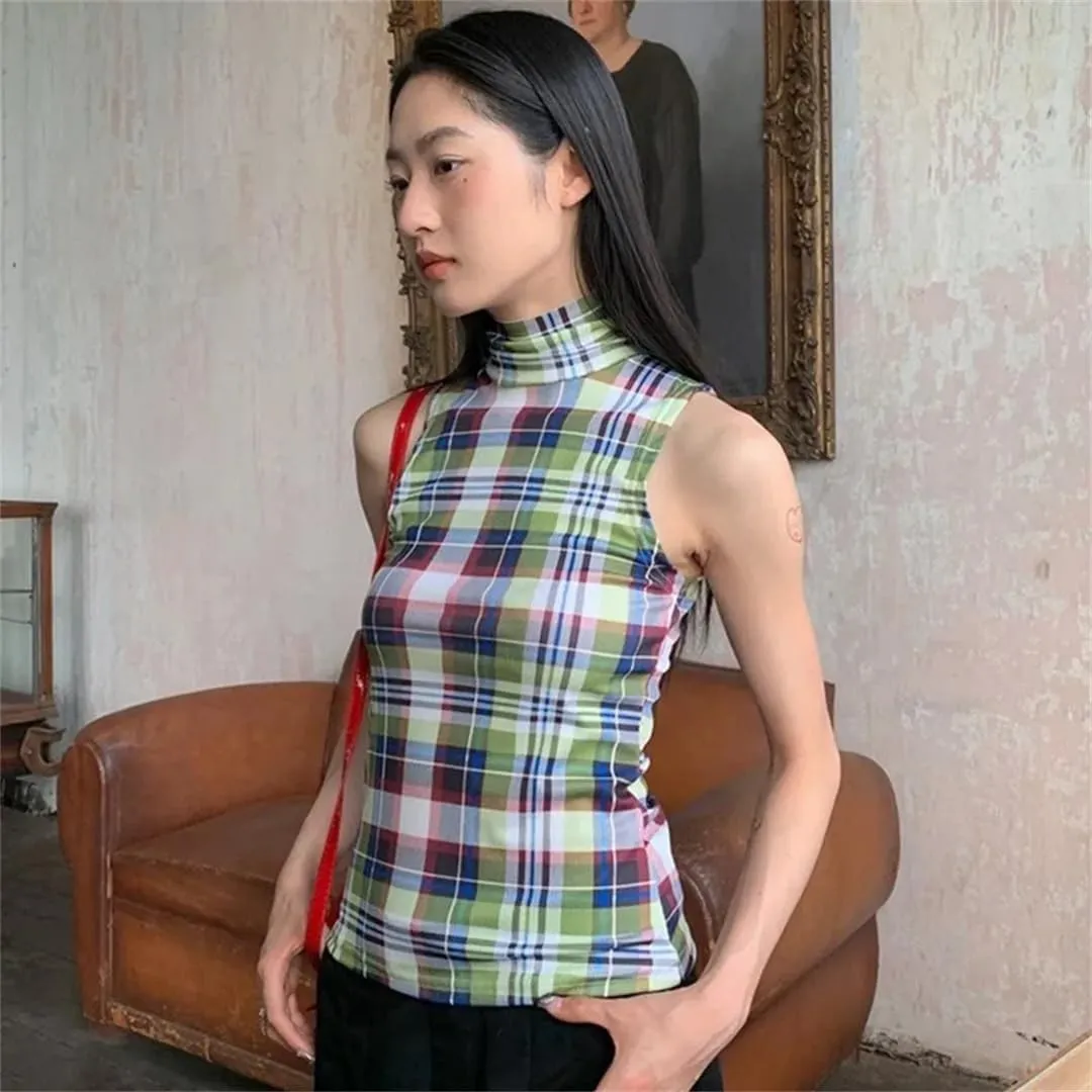 Women Vintage Tank Tops Plaid Sleeveless Crop Y2k Retro Tank Japanese Tee Tops